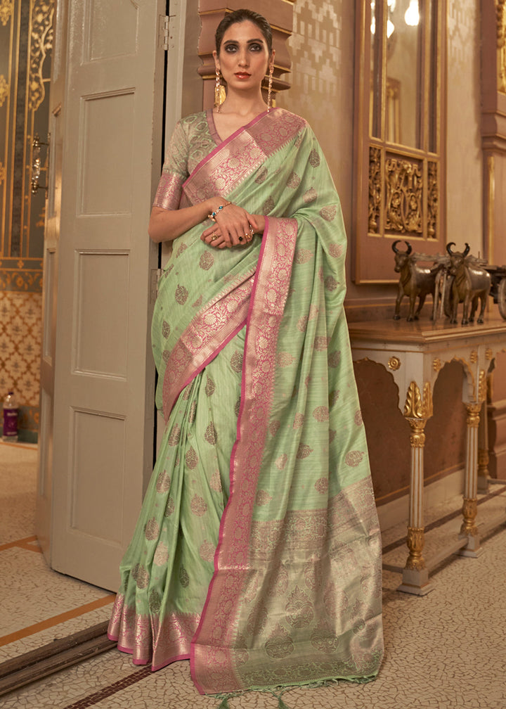 Garden Green Woven Tussar Silk Saree