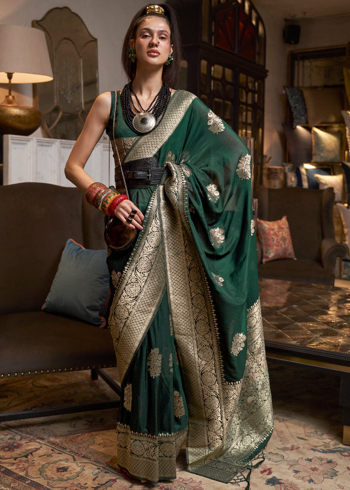 Dark Green Woven Khadi Georgette Silk Saree