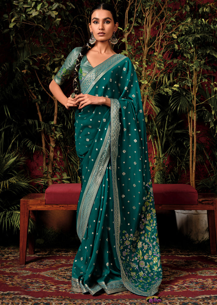 Antique Green Woven Dola Silk Saree with Blouse