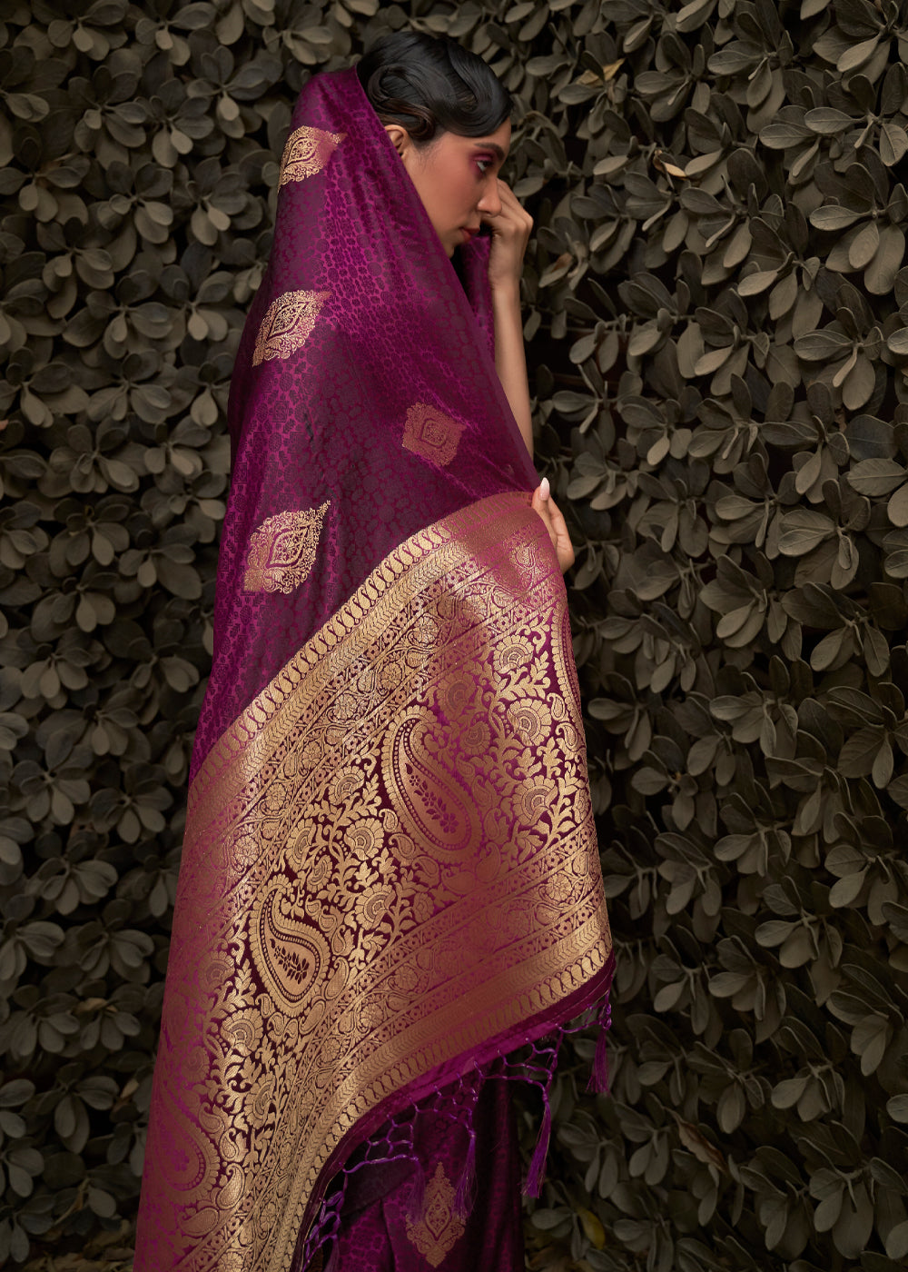 Wine Purple Woven Banarasi Satin Silk Saree