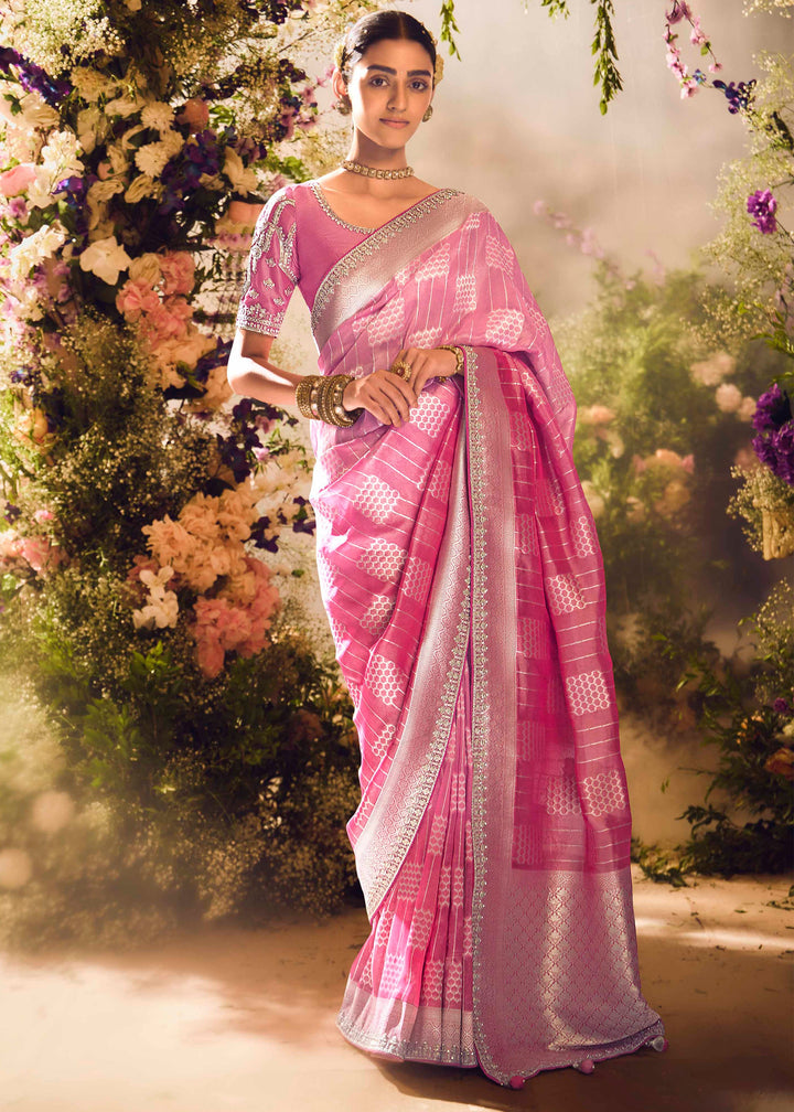 Bloom Pink Premium Banarasi Tissue Silk Designers Saree