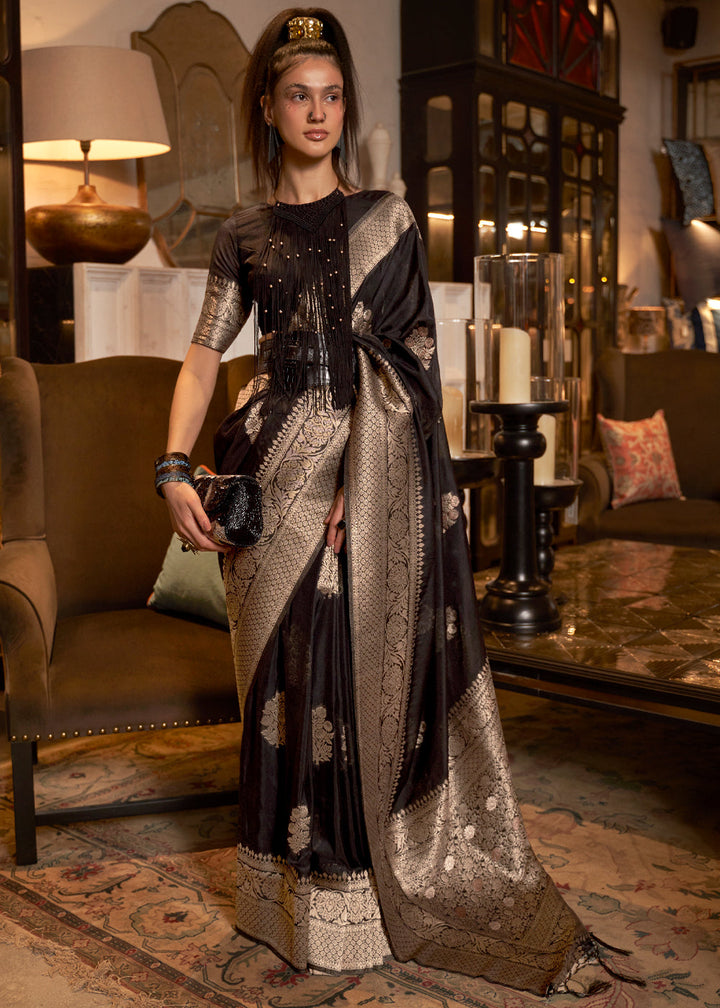 Royal Black Woven Khadi Georgette Silk Saree