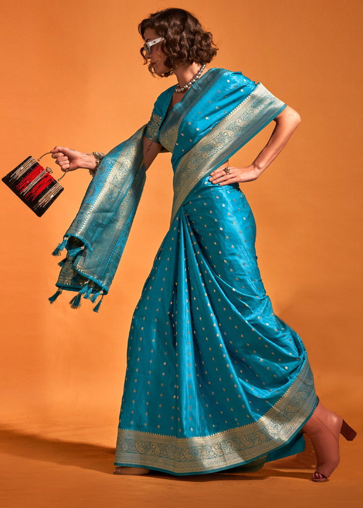 Beaming blue Banarasi Satin Weaving Silk Saree