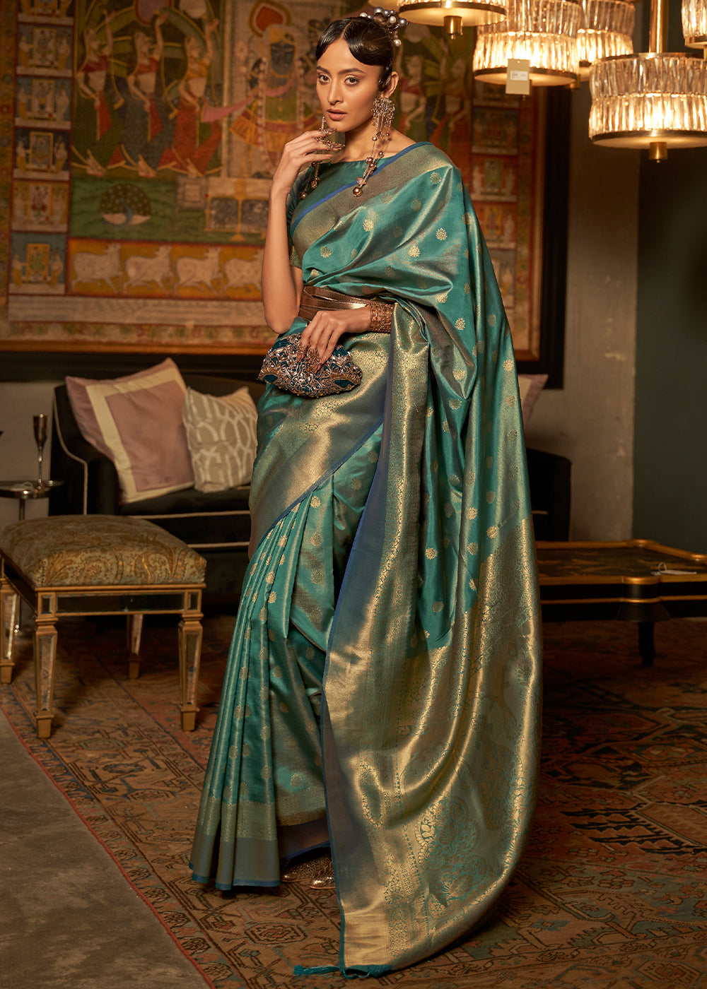 Teal Blue Handloom Woven Silk Saree