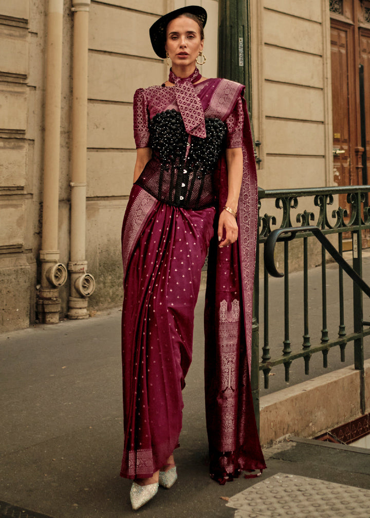 Wine Purple Woven Satin silk saree with brocade blouse