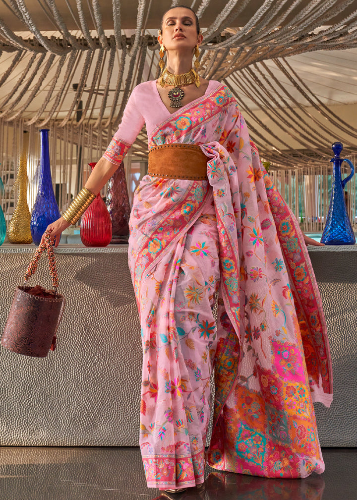 Blossom Pink Multi color Kashmiri Modal Handloom Weaving Saree