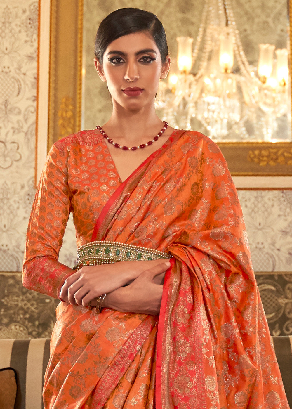 Orange Woven Tussar Silk Saree With Brocade Blouse