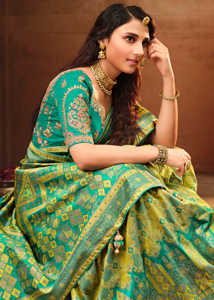 Lime Green Woven Banarasi Silk Saree With Embroidery Designer Blouse