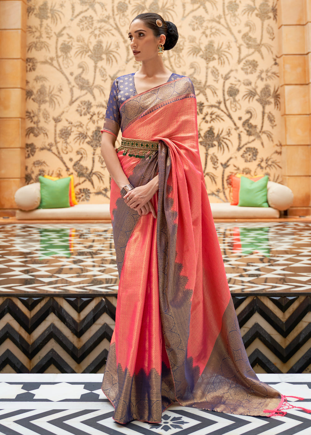 Gulmahor Pink and Blue Woven Banarasi Silk Saree