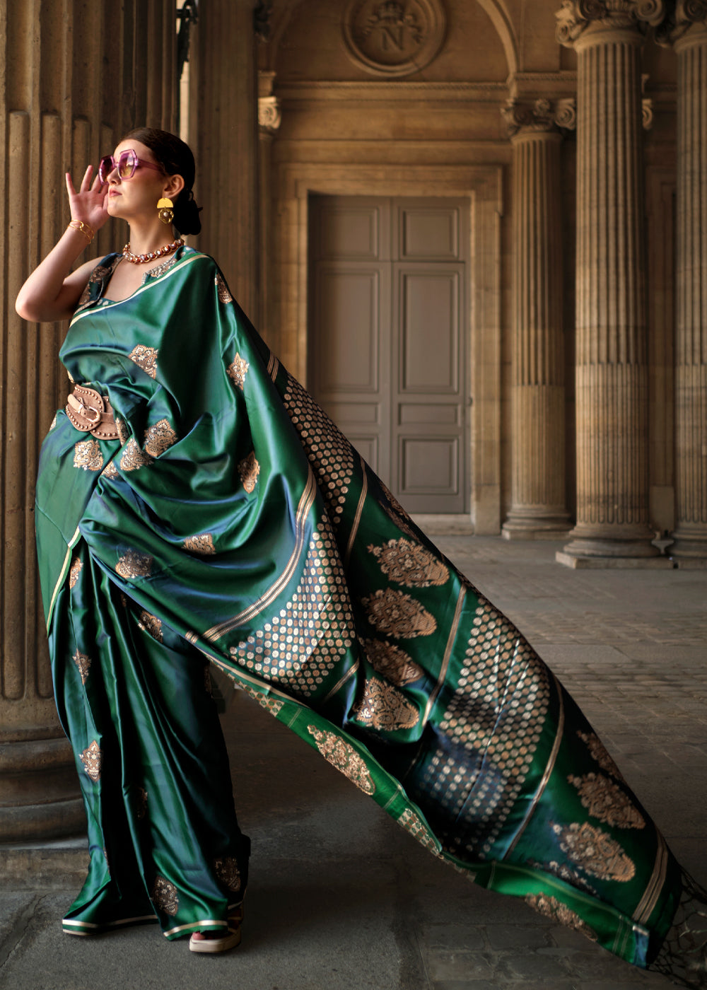 Classic Green Satin Handloom Weaving Silk Saree