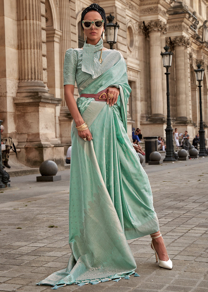 Pastel Green Woven Satin silk saree with brocade blouse