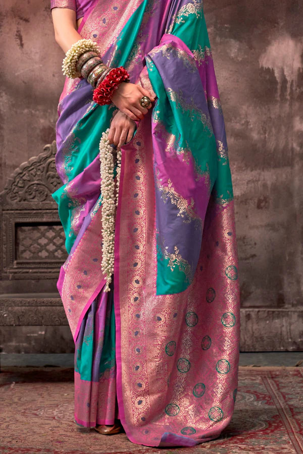 Purple And Aqua Blue Handloom Weaving Silk Saree