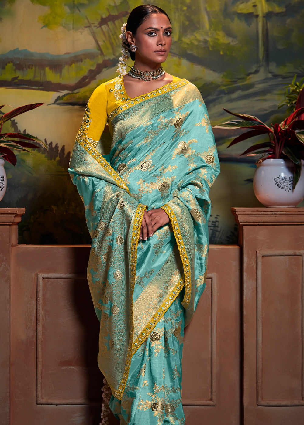 Aqua Blue & Yellow Woven Dola Silk Saree with Designer Embroidery Blouse