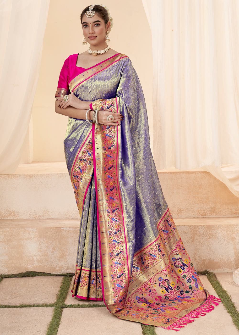 Sparkle Blue Designer Paithani Tissue Silk Saree With Contrast Blouse