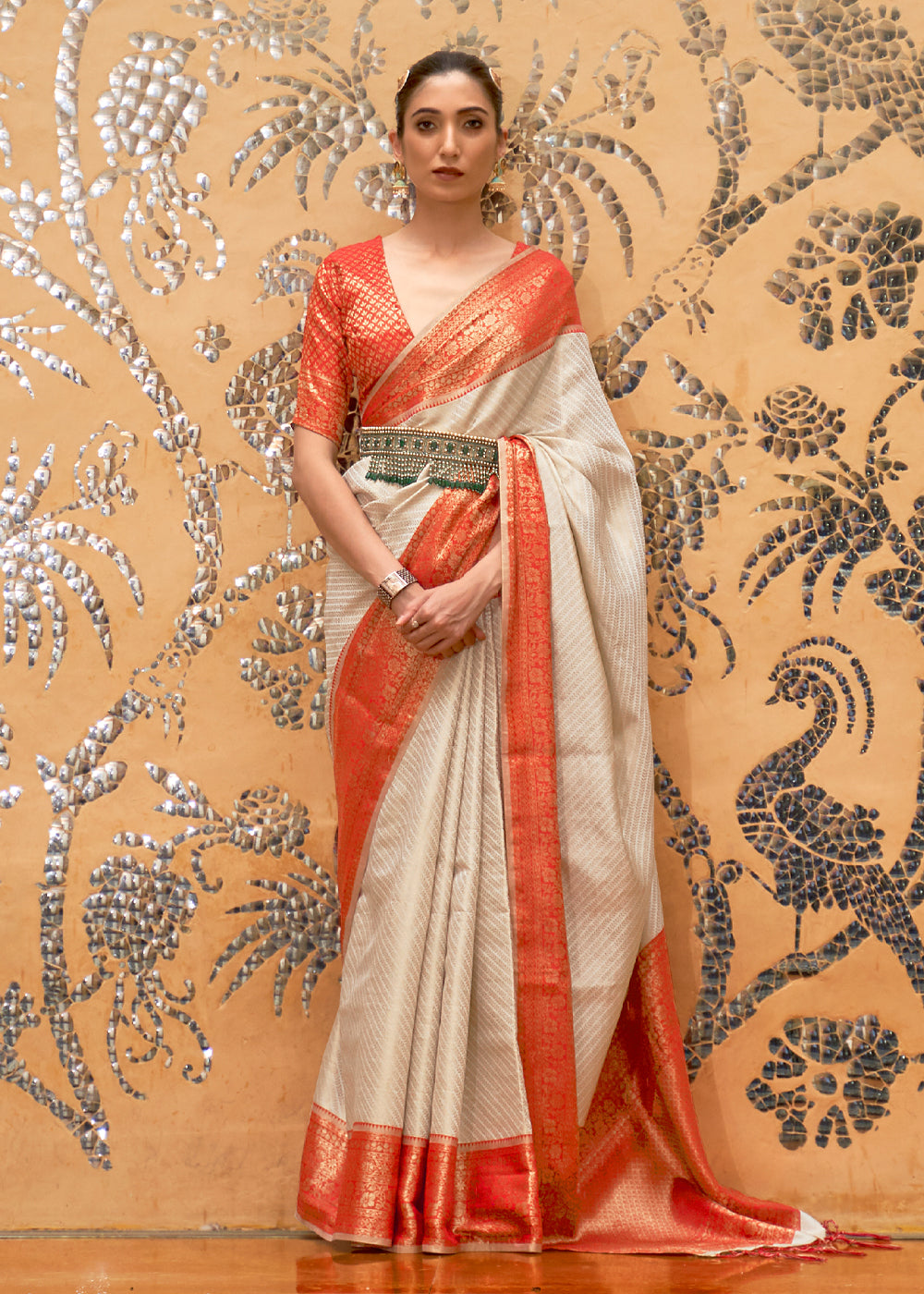 Orange Cream Woven Banarasi Silk Saree