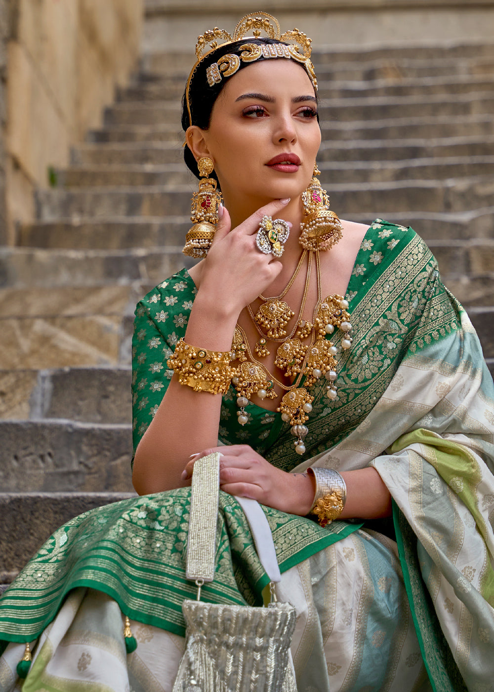 White and Green Printed Patola Saree With Blouse