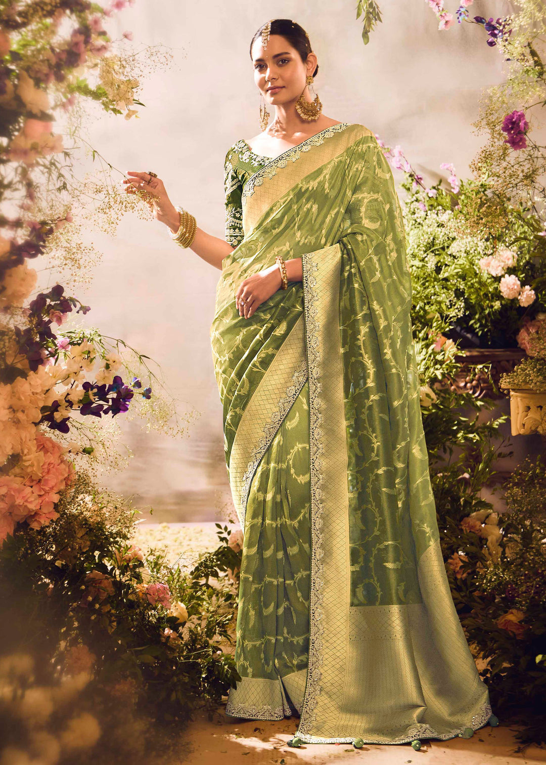 Grass Green Premium Banarasi Tissue Silk Designers Saree