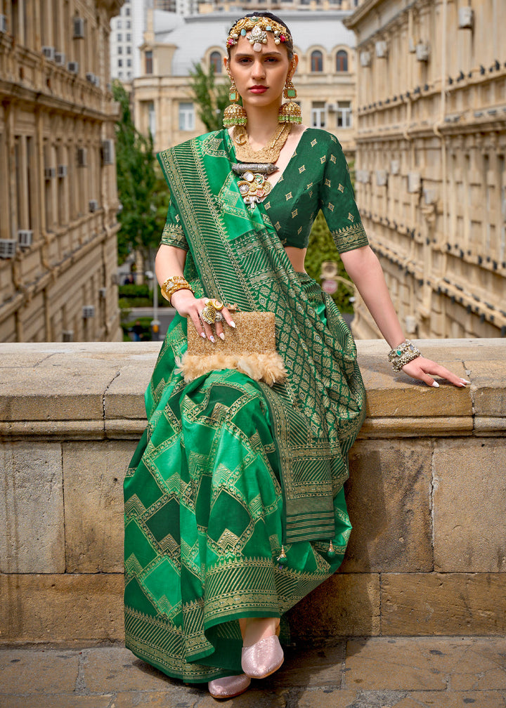 Princess Green Printed Patola Saree With Blouse