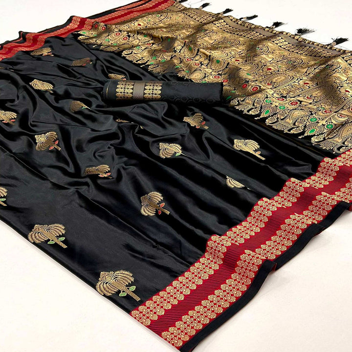 Black Pure Satin Chaap Handloom Weaving Silk Saree