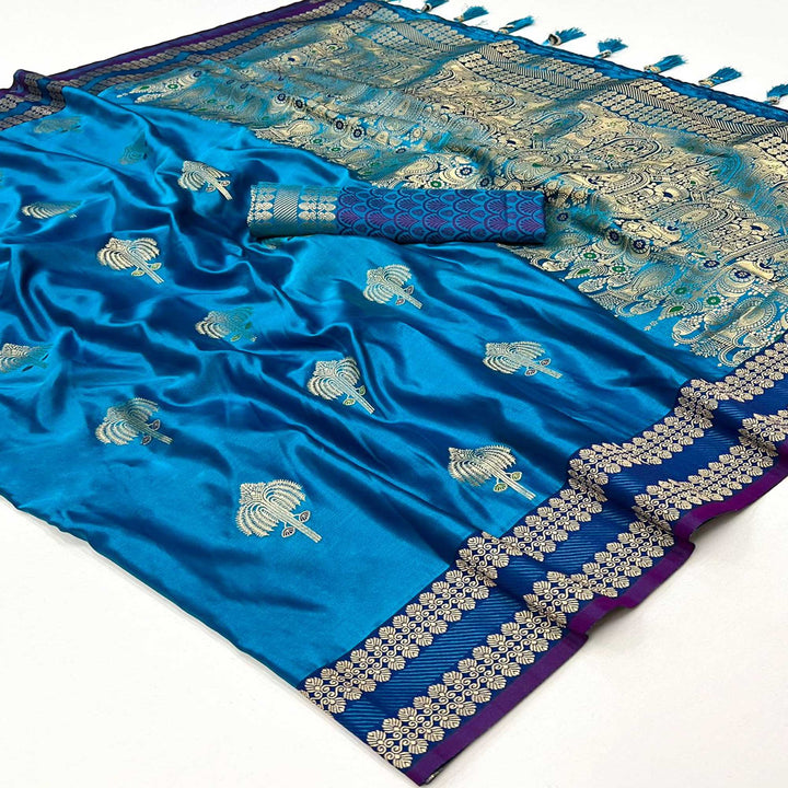 Dark Blue Pure Satin Chaap Handloom Weaving Silk Saree