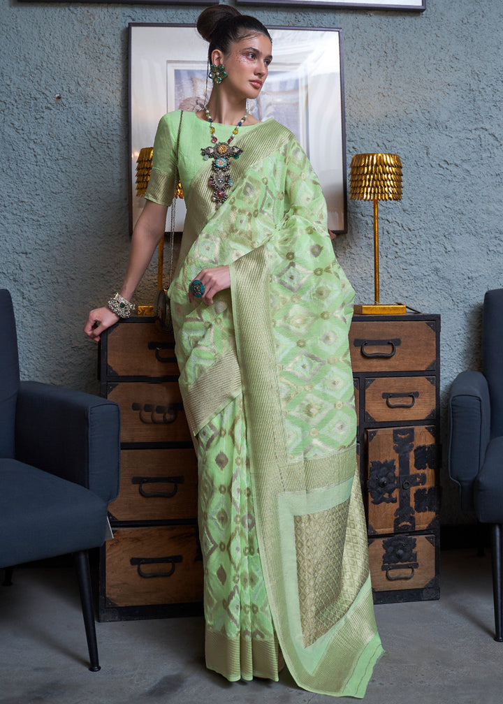 Lime Green Linen Handloom Weaving Saree