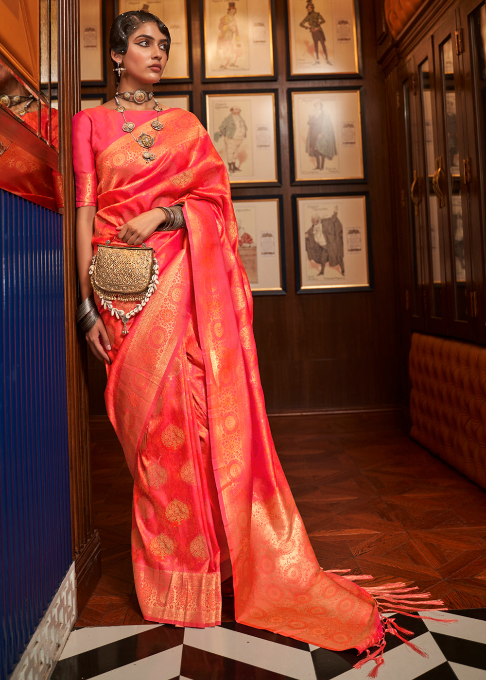 Hot Orange Woven Banarasi Silk Saree