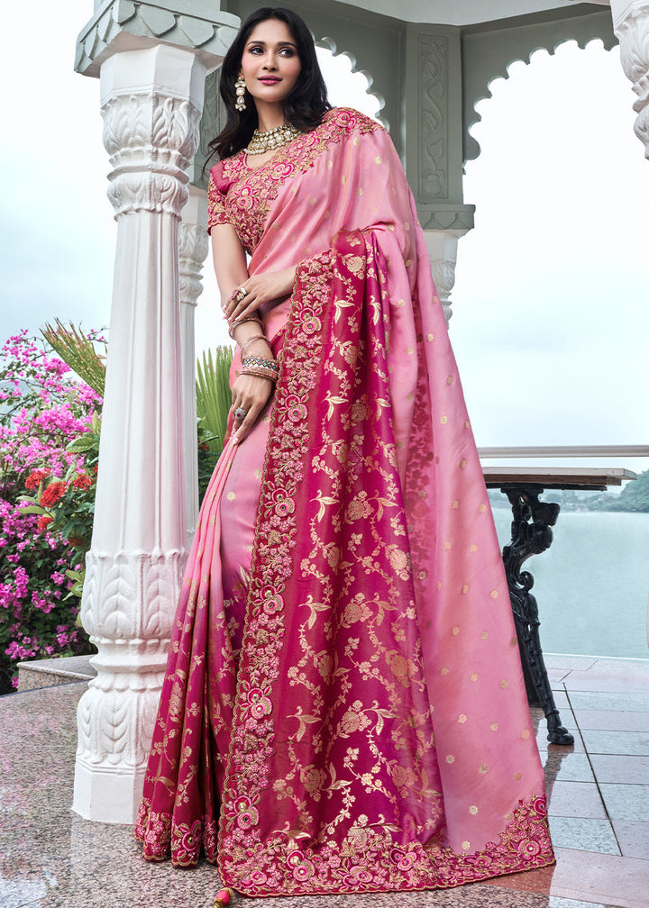 Rani Pink Heavy Embroidery Tissue Saree with Designer Blouse