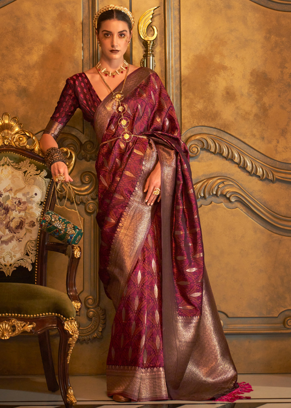 Maroon Red Woven Banarasi Satin Silk Saree