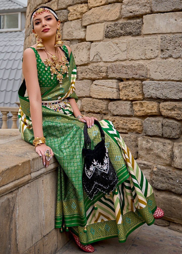 Festive Green Printed Patola Saree With Blouse