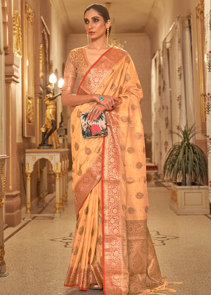 Apricot Orange Woven Tussar Silk Saree