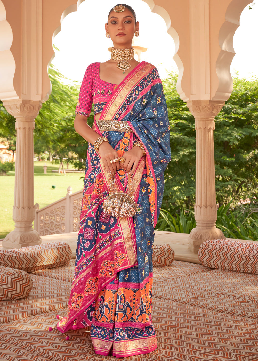 Blue and Pink Designer Patola Silk Saree