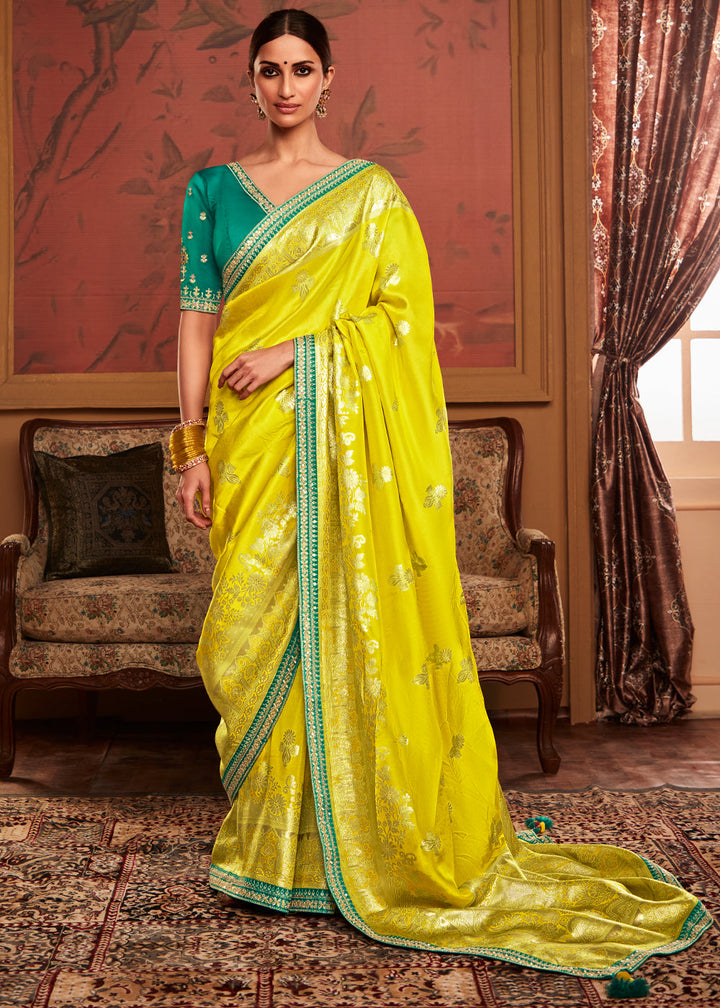 Lemon Yellow Designer Soft Pure Dola Silk Saree