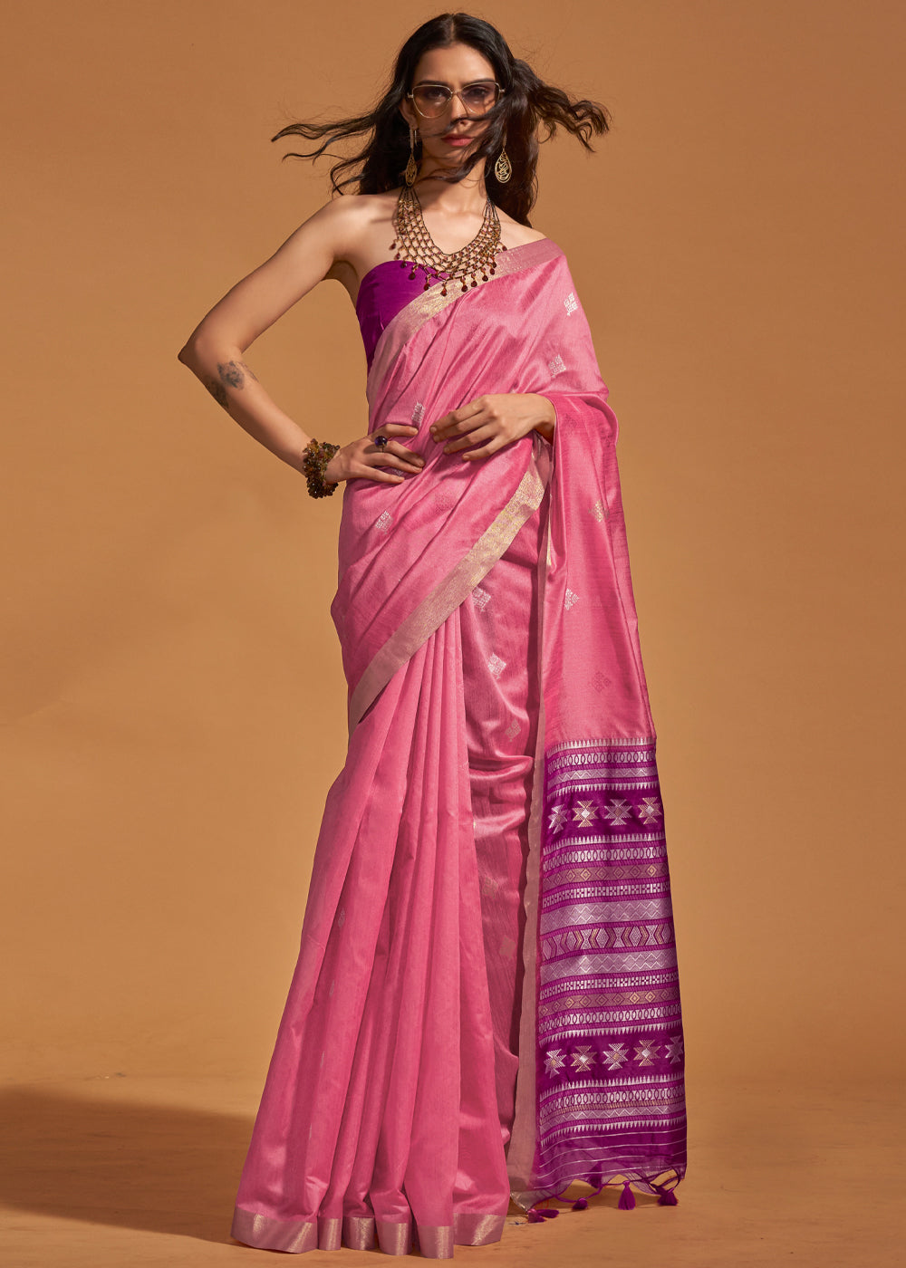 Pink Purple Handloom Weaving Saree