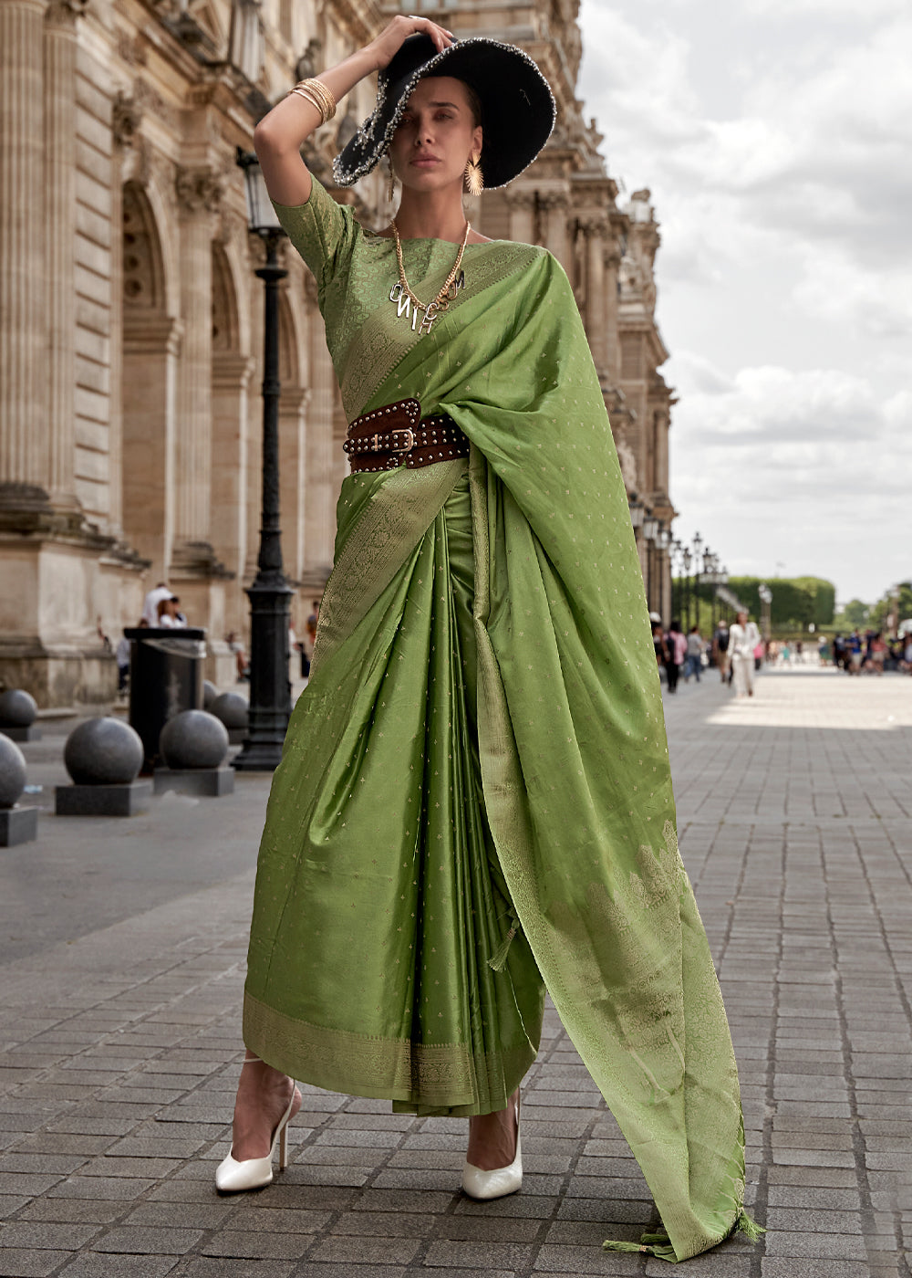 Green Woven Satin silk saree with brocade blouse