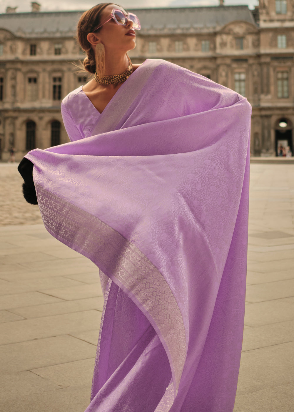 Lavender Purple Satin Handloom Weaving Silk Saree