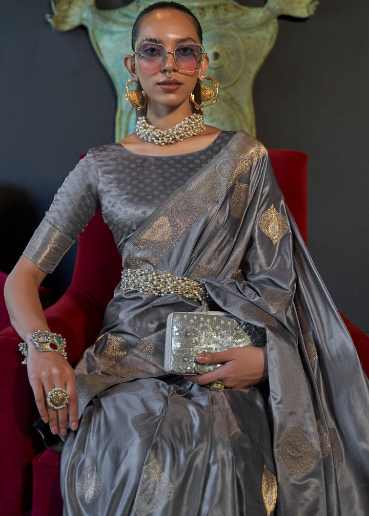 Silver Grey Satin Handloom Weaving Silk Saree