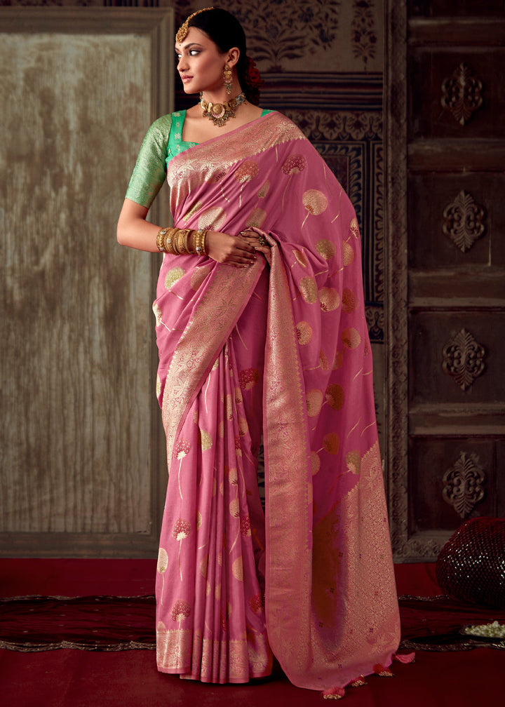 Lotus Pink Woven Georgette Silk Saree