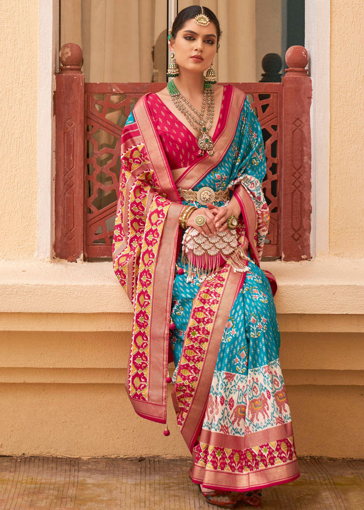 River Blue Printed Patola Saree With Contrast Blouse