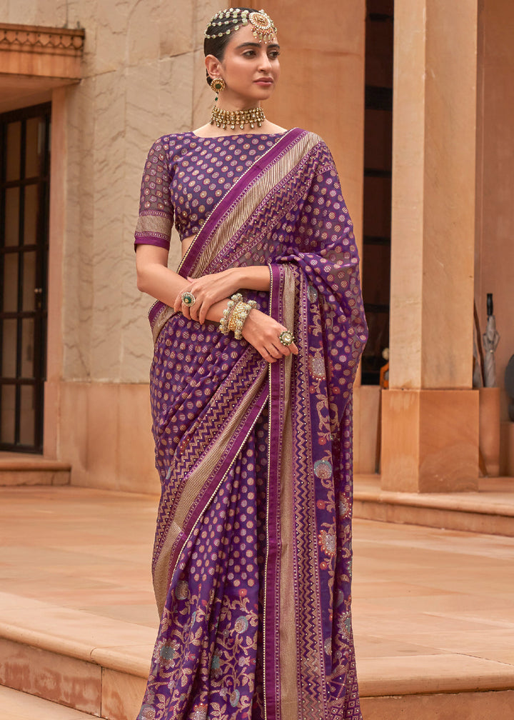 Orchid Purple Woven Brasso Silk Saree With Blouse