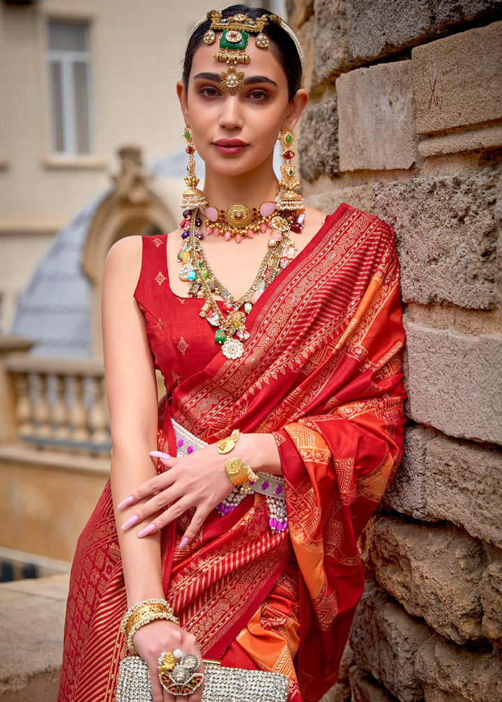 Festive Red Printed Patola Saree With Blouse