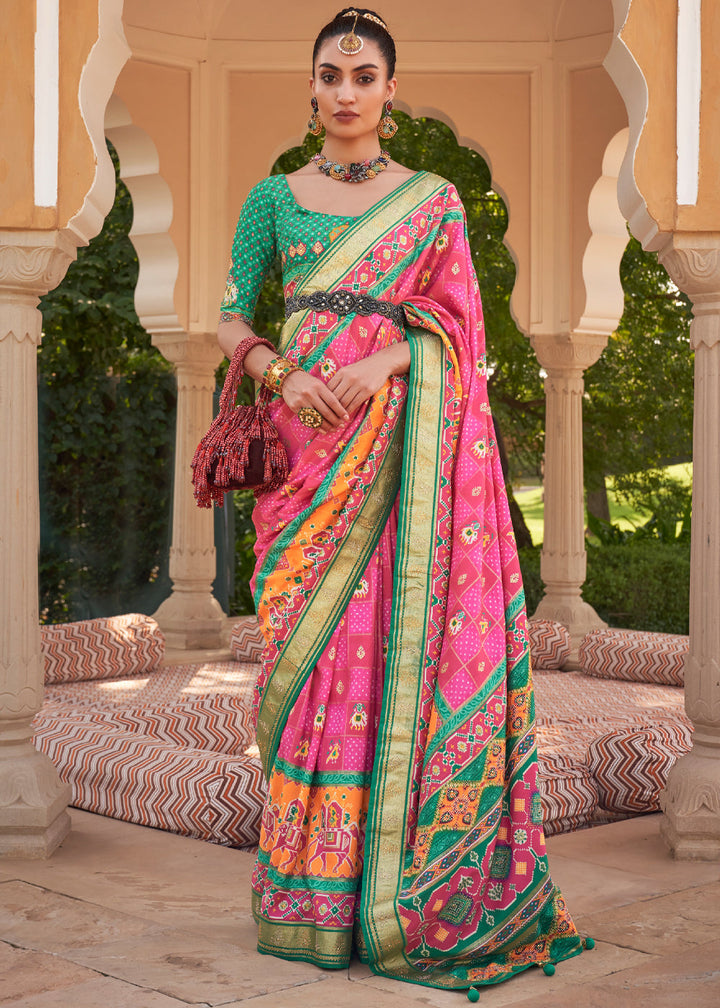 Pink and Green Designer Patola Silk Saree