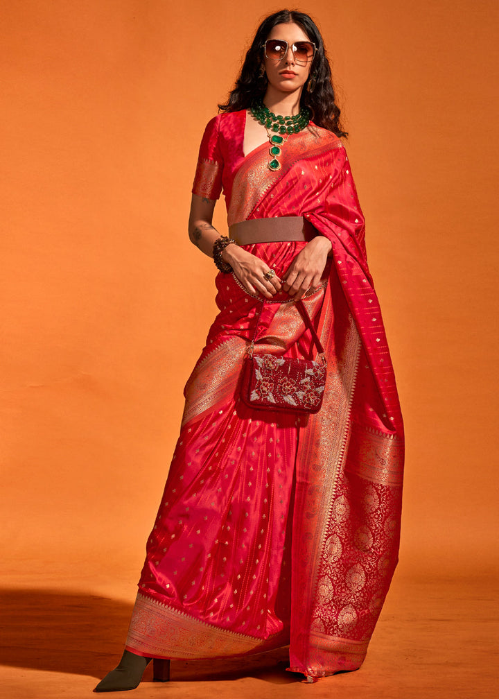 Red Satin Handloom Weaving Silk Saree