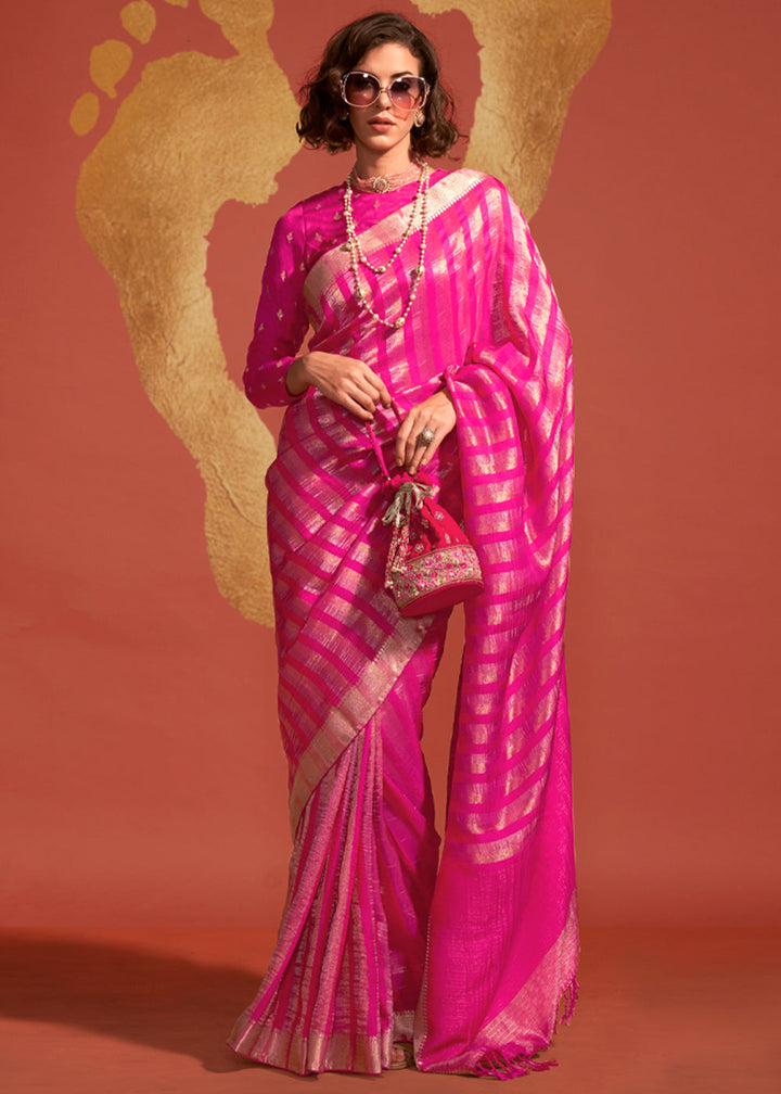 Royal Pink Pure Viscose Handloom Weaving Silk Saree