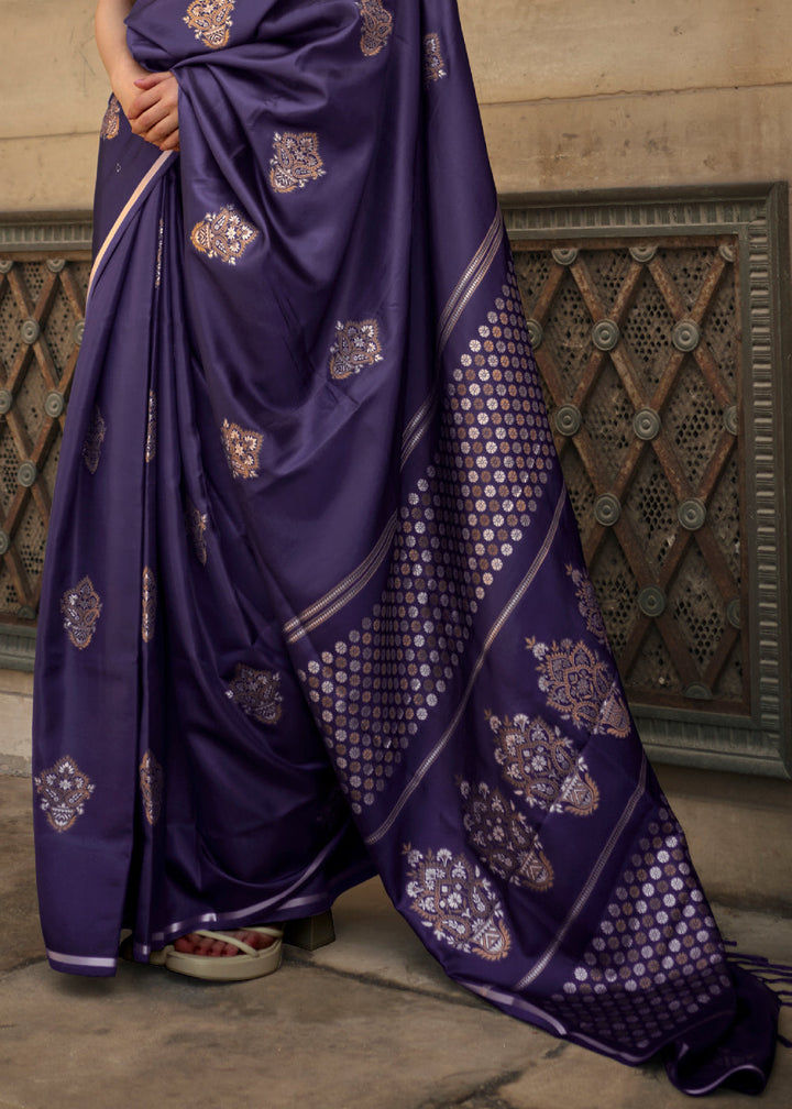 Blue Satin Handloom Weaving Silk Saree