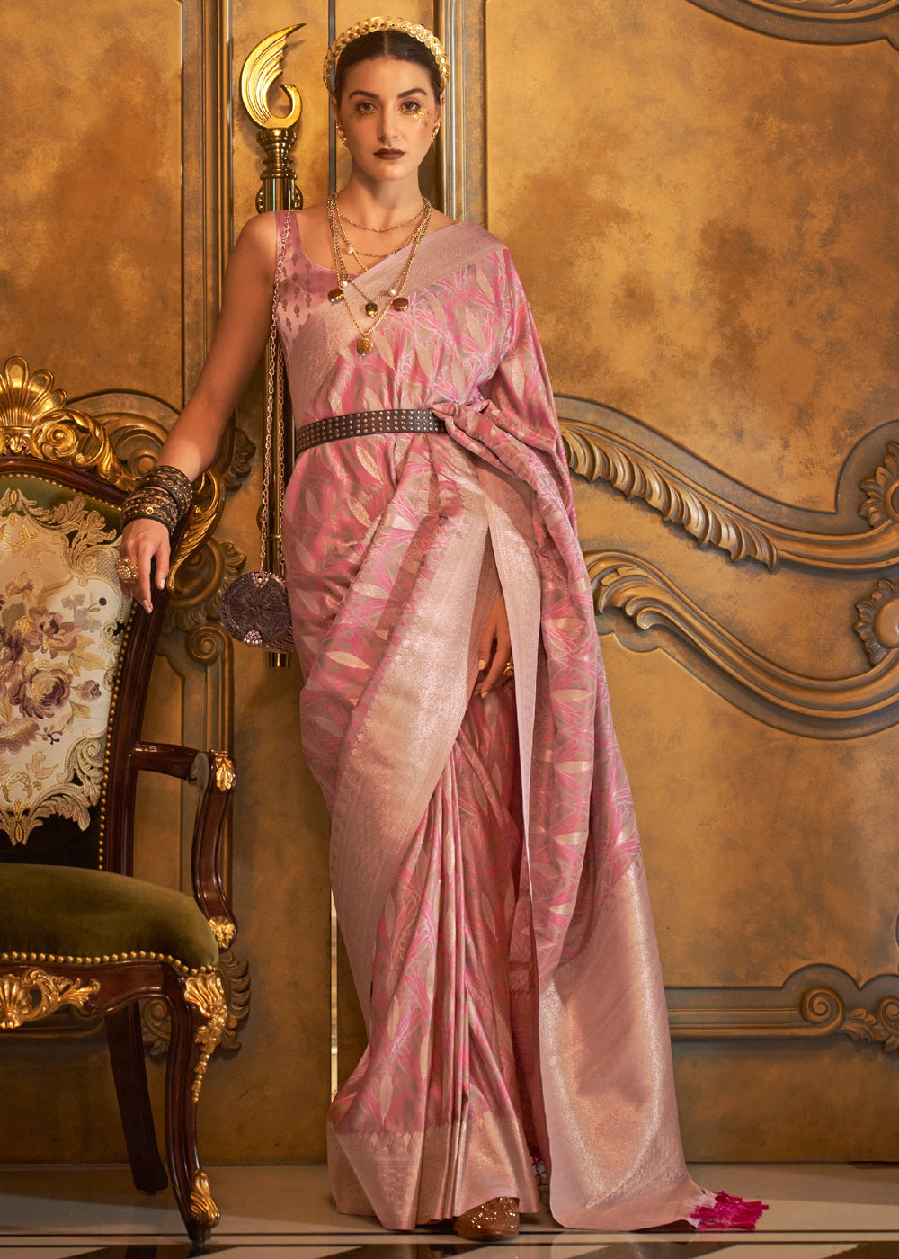 Pink Woven Banarasi Satin Silk Saree