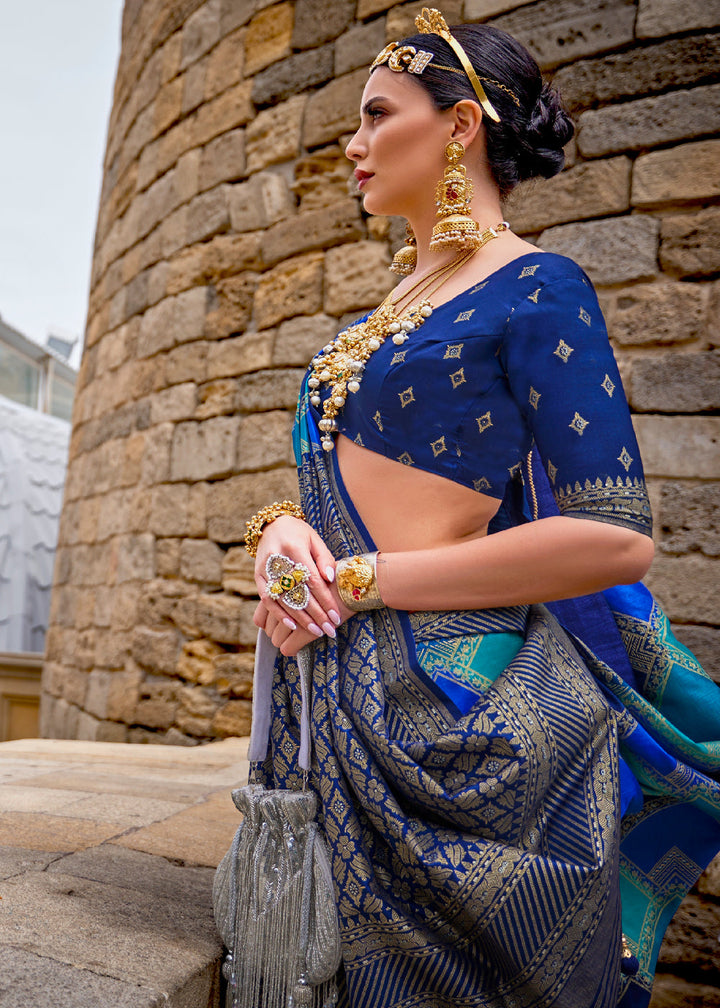 Princess Blue Printed Patola Saree With Blouse