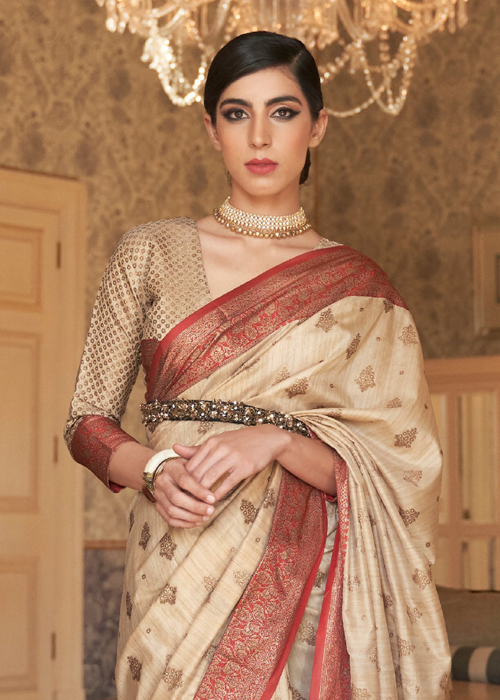 Beige Woven Tussar Silk Saree With Brocade Blouse