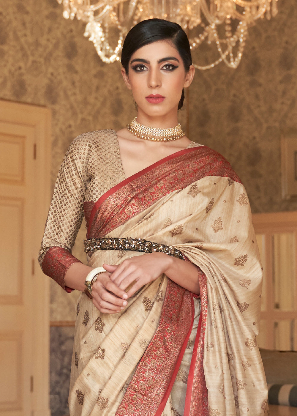 Bone White Color Soft Kanjivaram Silk Saree with Matching Blouse