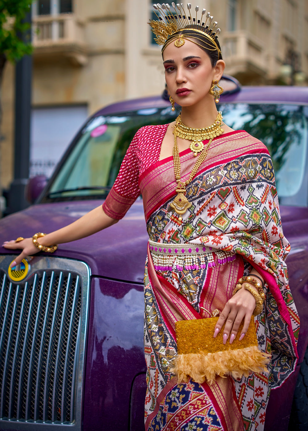 Adorning White/Pink Printed Patola Saree With Contrast Blouse