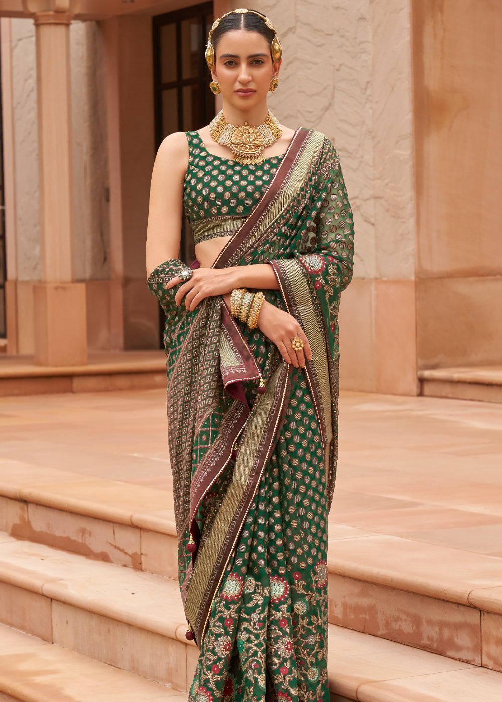 Jungle Green Woven Brasso Silk Saree With Blouse